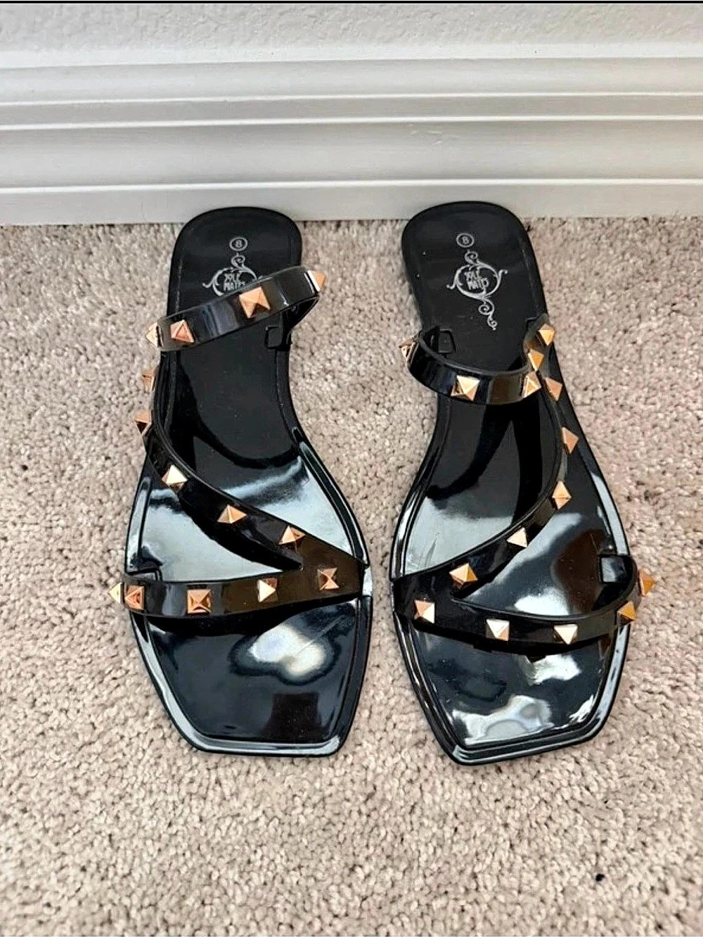 Sole Mates Black Jelly PVC Studded Strappy Slide Sandals